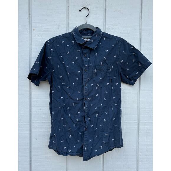 Billabong Button Down Shirt, Navy Blue With‎ Small Palm Trees, Sz S - Picture 1 of 6